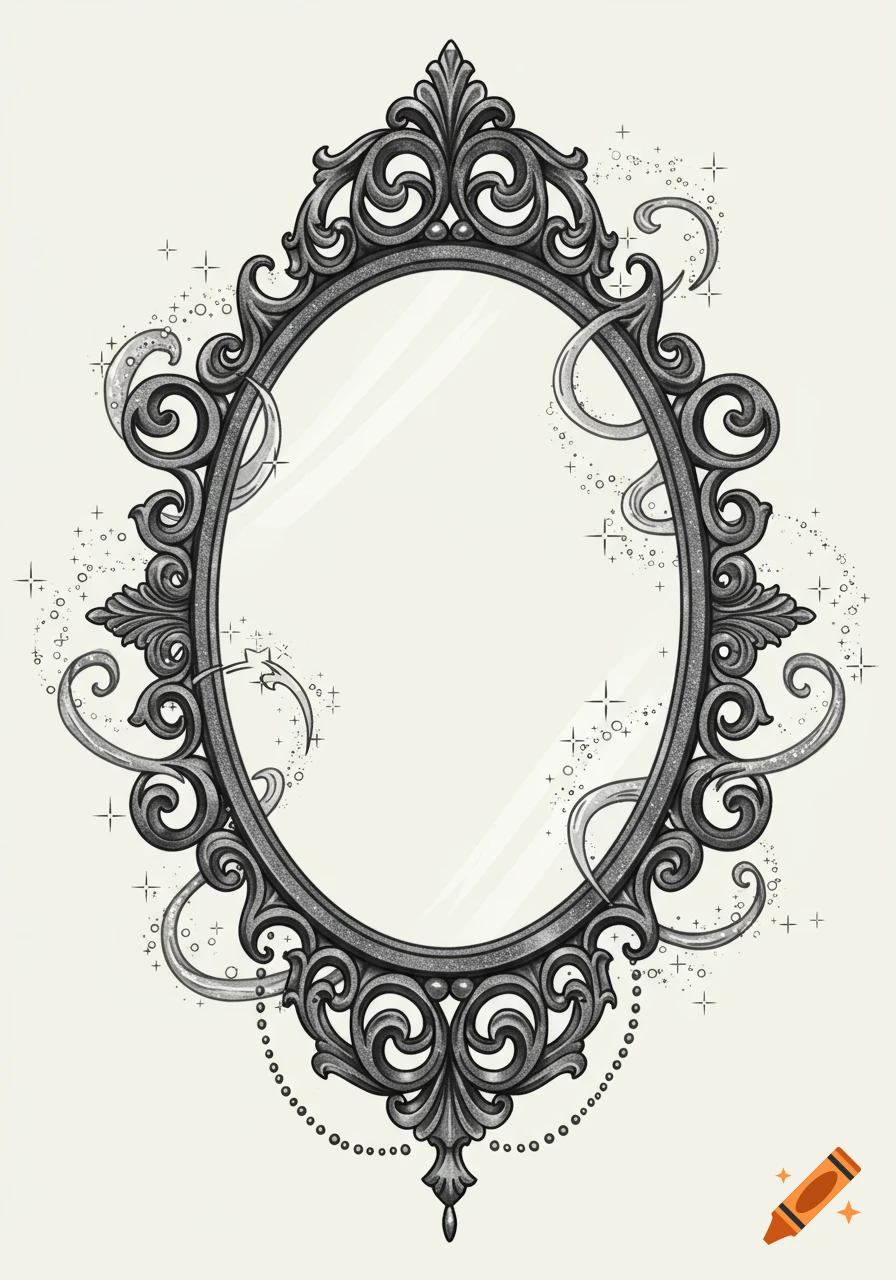 An ornate, dark grey oval mirror frame with intricate scrollwork and sparkling magical swirls on a light background.