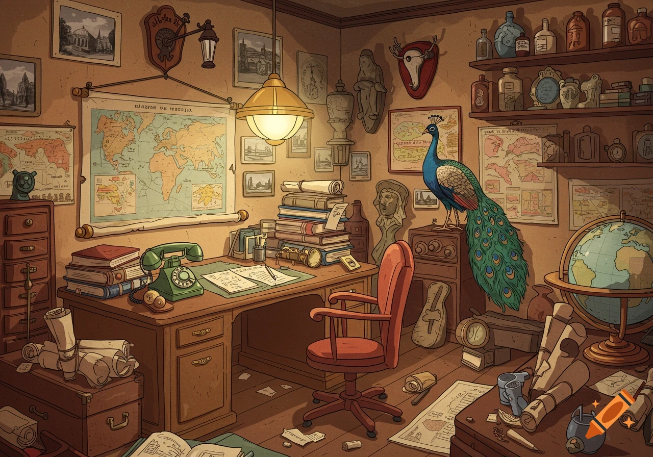 A cluttered 1940s cartoon illustration of a museum office with a peacock, maps, globes, books, and antique objects.