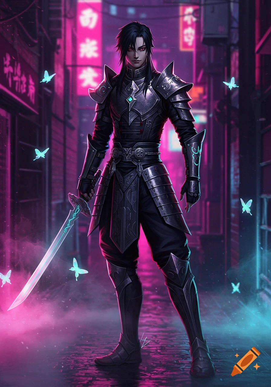 A dark-haired male character in futuristic armor holds a glowing sword in a neon-lit cyberpunk alley, with glowing blue butterflies around him.