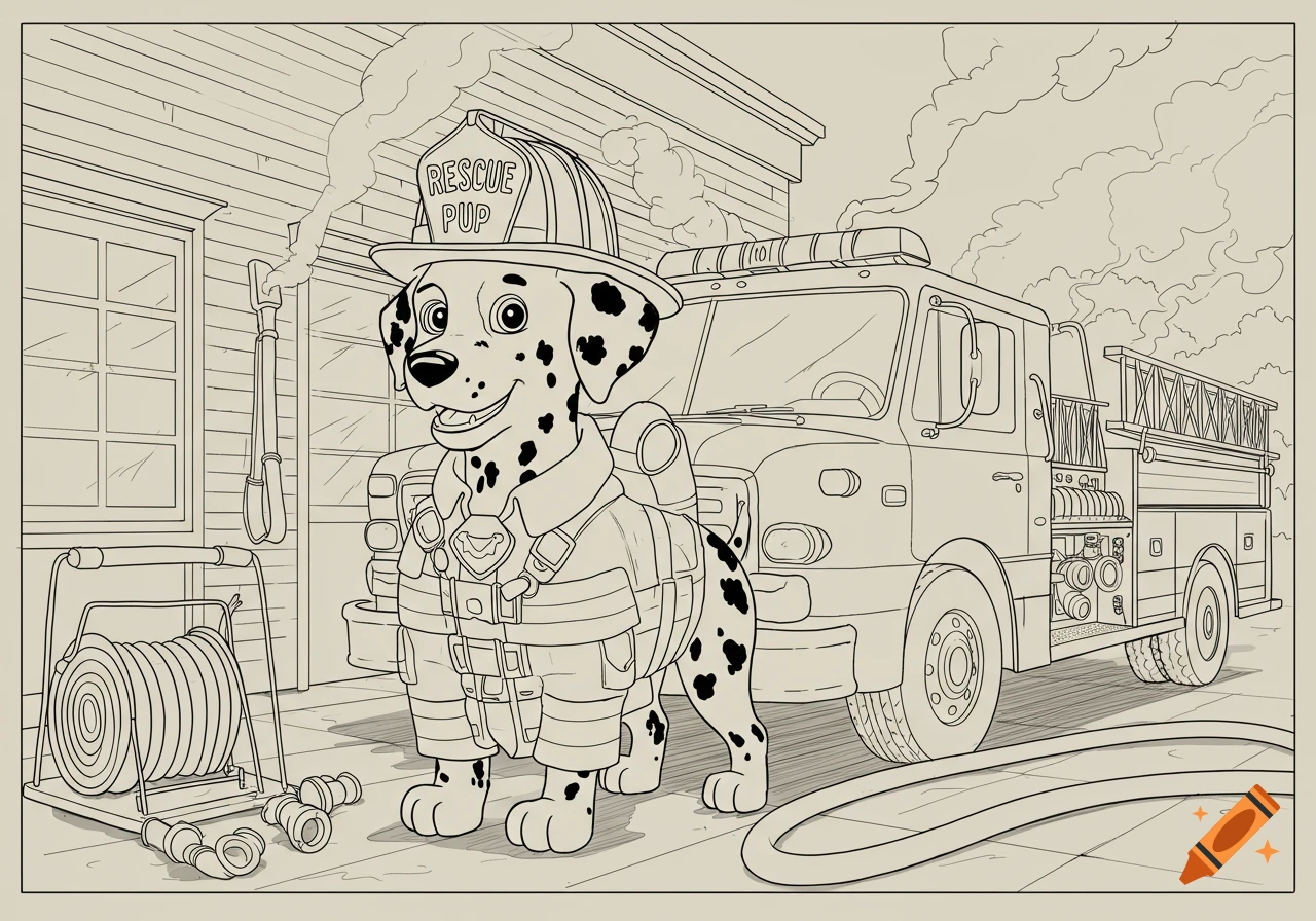 Line art cartoon of a dalmatian firefighter dog with a helmet, standing next to a fire truck and a hose.