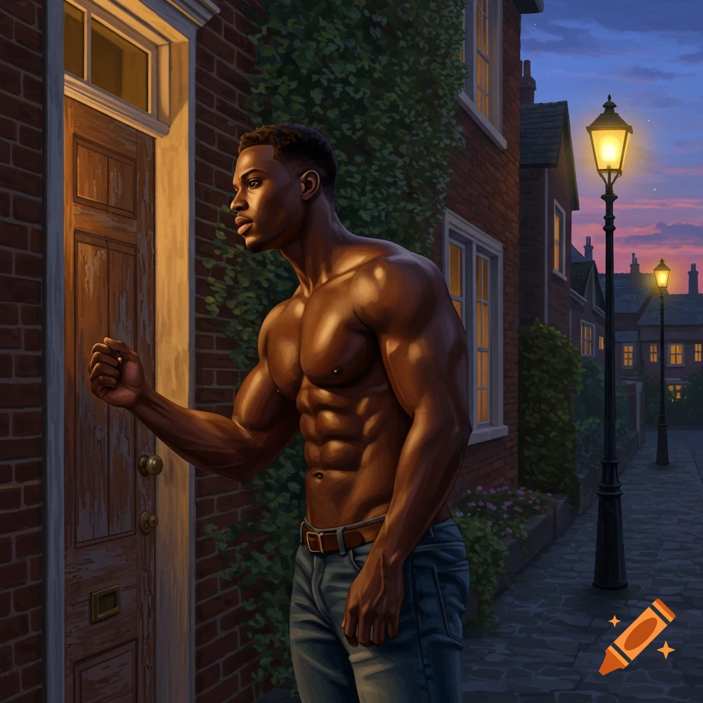A muscular Black man in jeans knocking on a wooden door of a brick house at dusk, with streetlights illuminating the street.