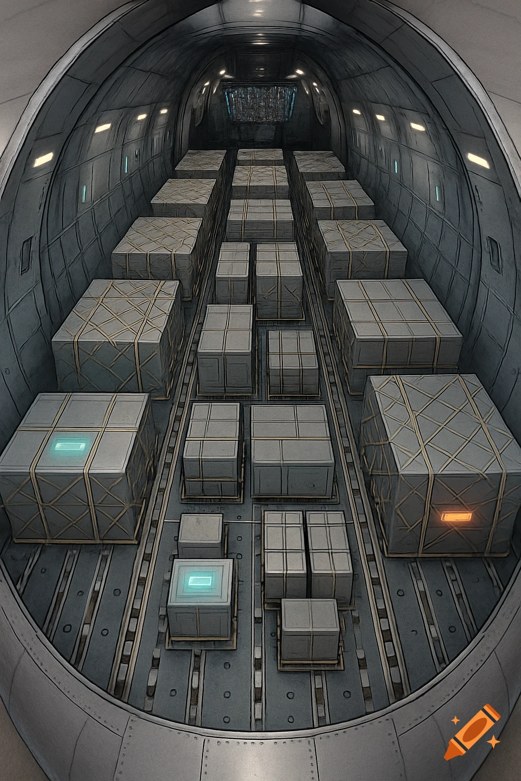 Top-down view inside a cargo plane filled with neatly stacked crates, some glowing, in a digital illustration style.