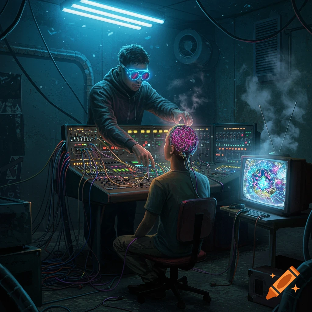 A figure in glowing goggles controls a person's glowing brain via a console of wires, displaying thoughts on a TV in a dark, cyberpunk room.