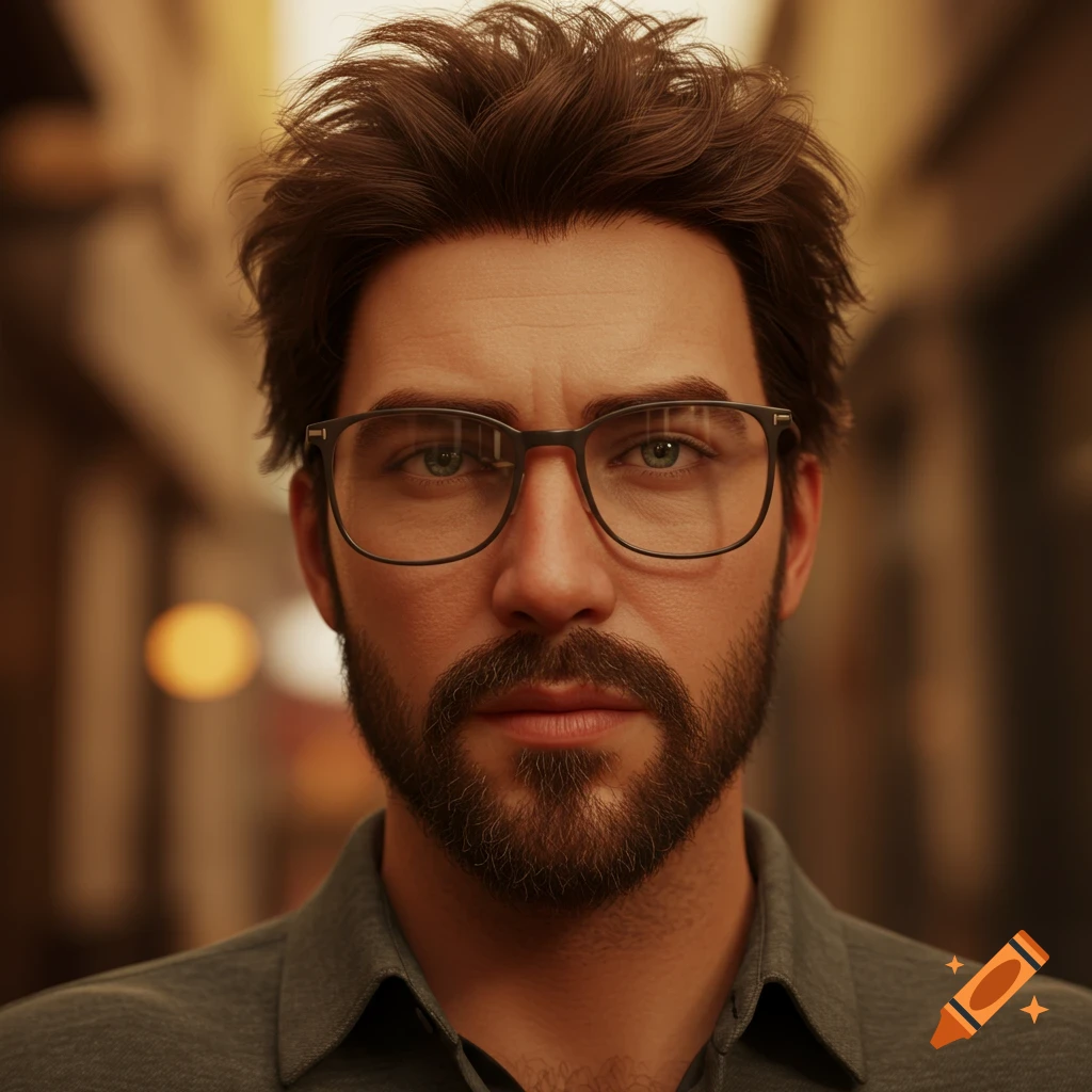 Photorealistic portrait of a brown-haired man with a beard and glasses looking forward.