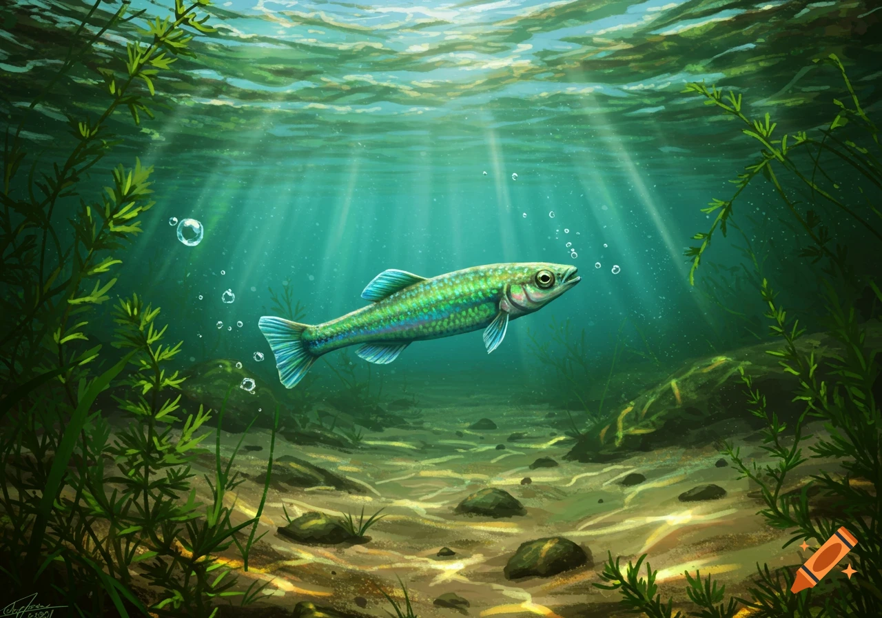 An iridescent green and blue fish swims gracefully in clear, sunlit water among underwater plants and rocks.