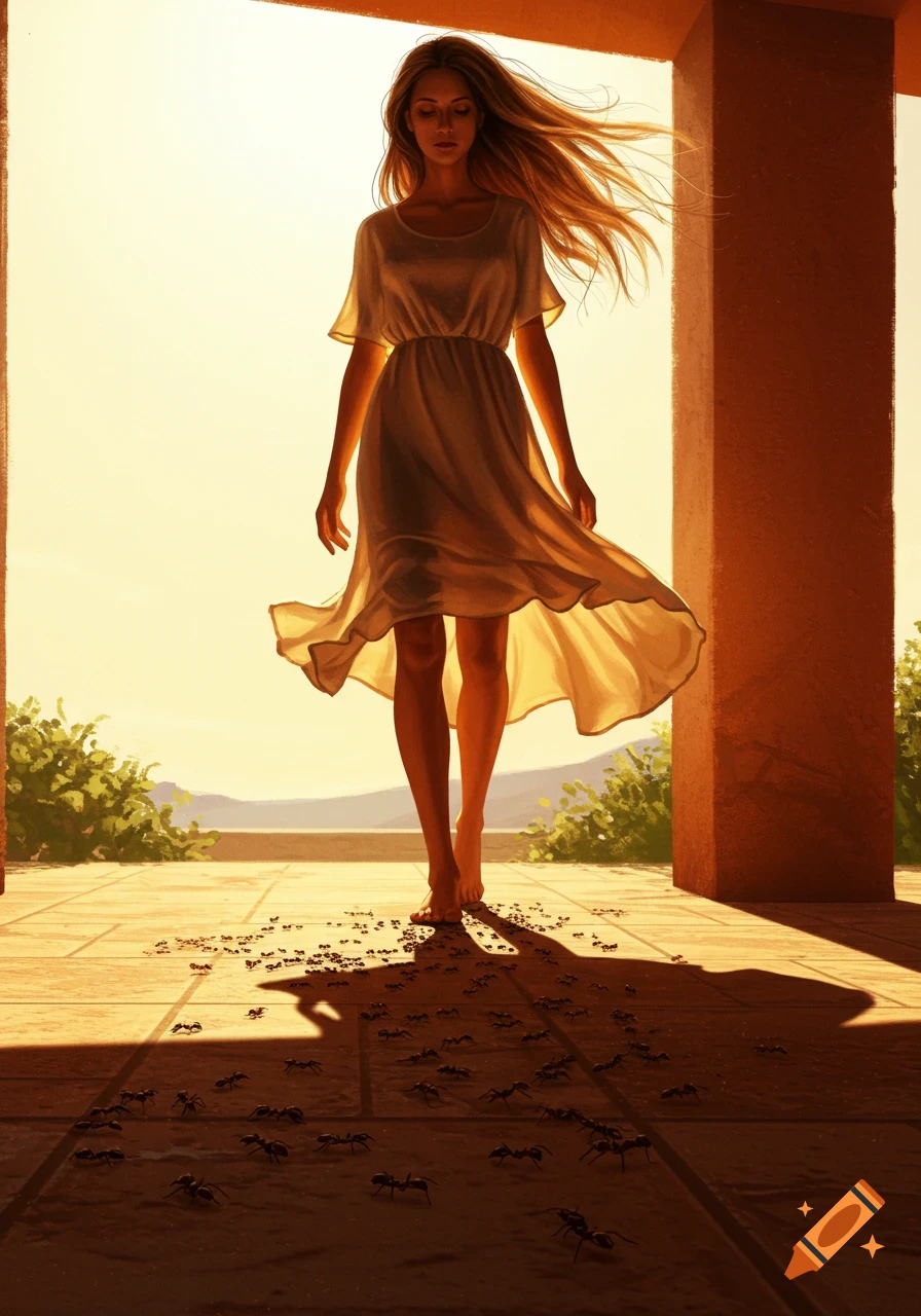 A tall, beautiful woman walks barefoot on a tiled patio, illuminated by bright light, surrounded by many small ants on the ground.