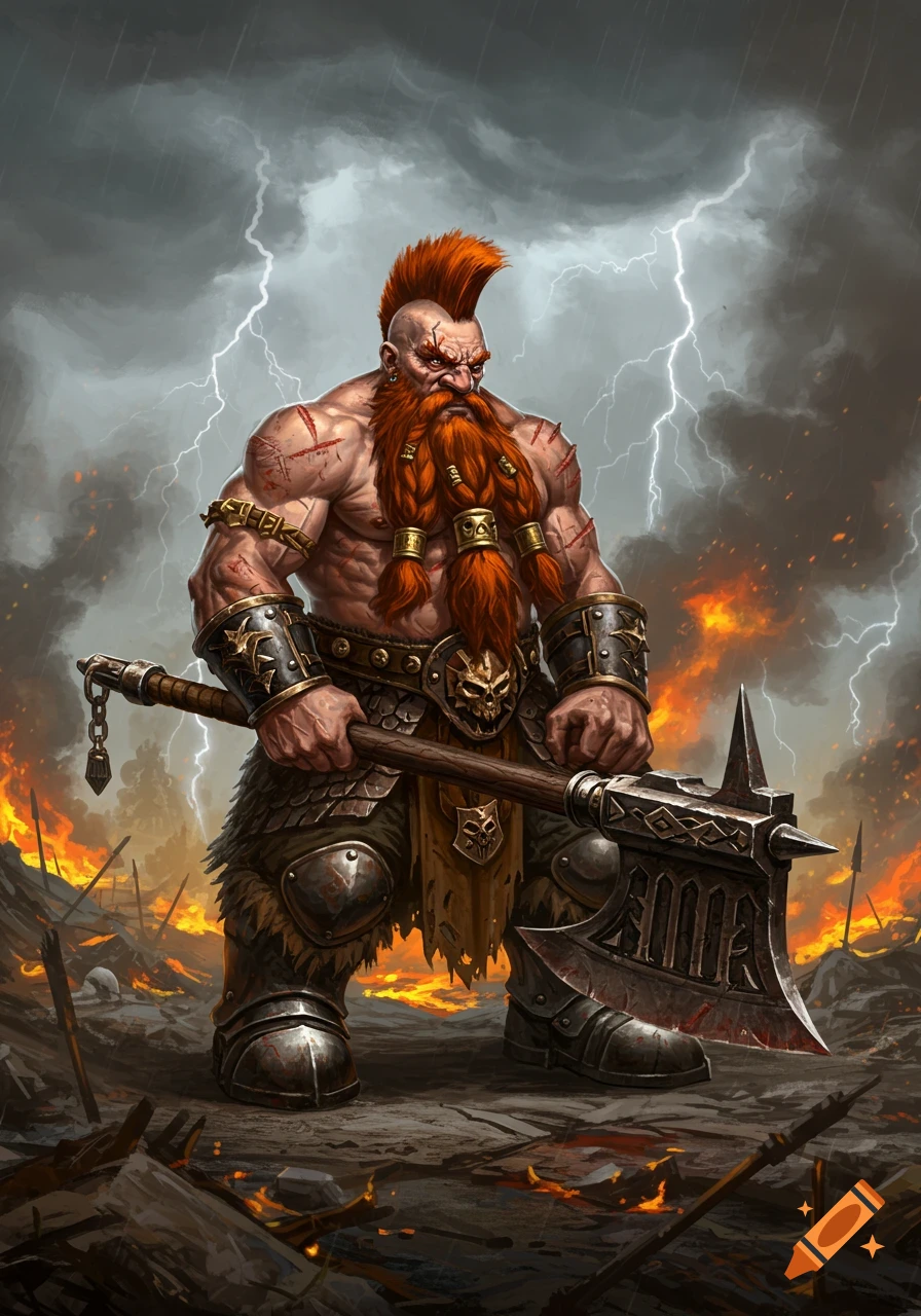 A heavily muscled dwarf warrior with a red mohawk and braided beard holds a large greataxe amidst a burning battlefield under a stormy, lightning-filled sky.