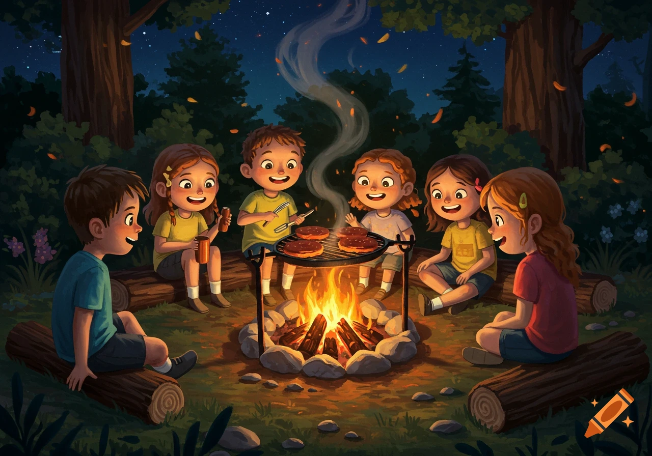 Cartoon illustration of six happy children cooking hamburgers over a campfire at night in a forest.