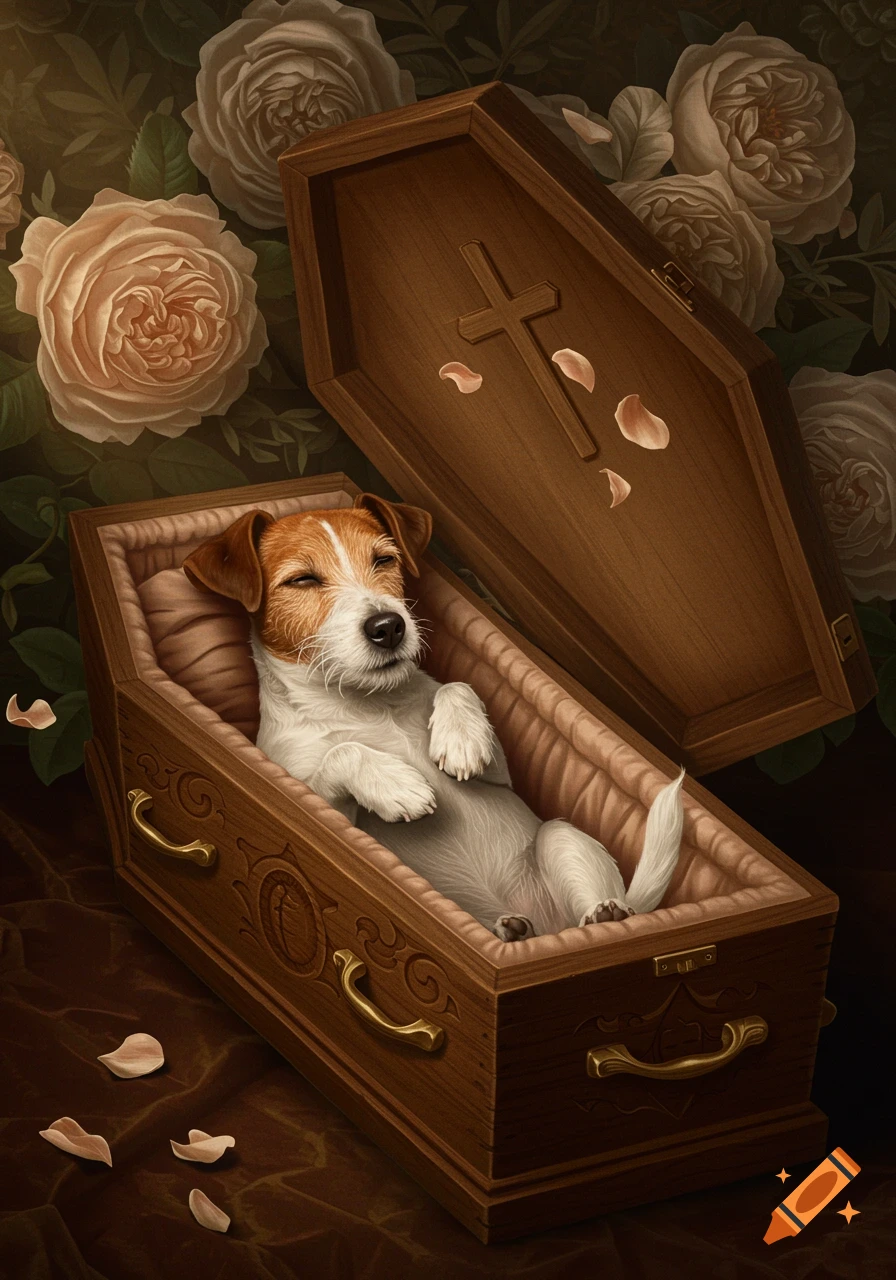 An illustration of a Jack Russell terrier sleeping peacefully in an open coffin with a cross carved on its lid, surrounded by light pink roses.