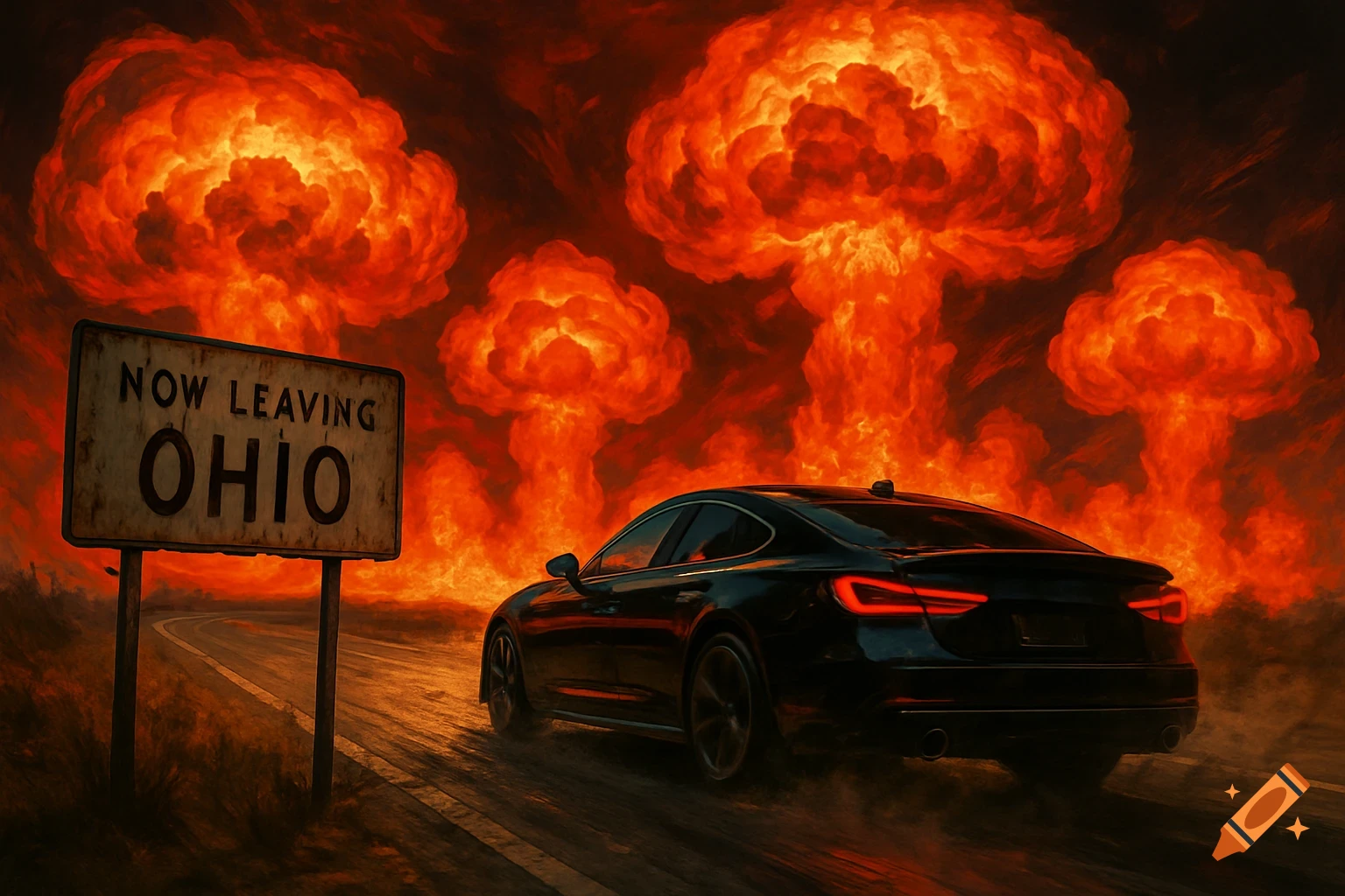 A black car speeds down a highway past a 'Now Leaving Ohio' sign, with multiple large nuclear explosions in the distant background under an ominous red sky.