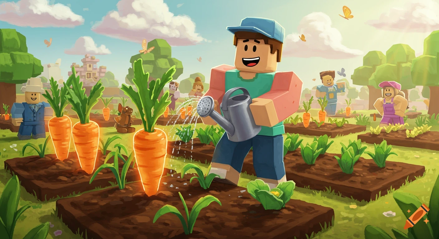 Stylized illustration of blocky characters farming carrots in a sunny garden, with a castle in the distance.