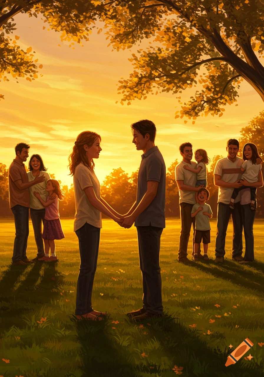 Multiple families and couples interact joyfully in a park at sunset, illuminated by warm golden light.