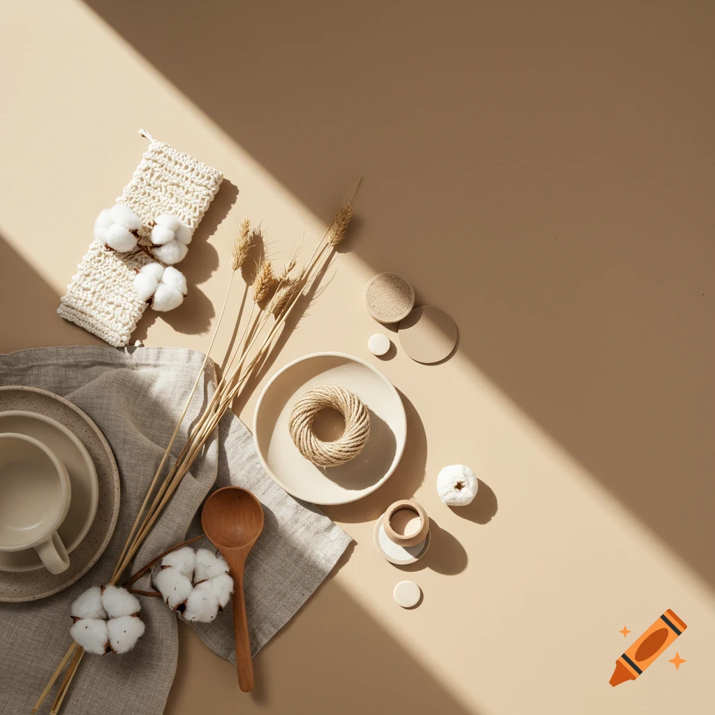 Minimalist flat lay with natural objects like cotton, dried wheat, ceramic plates, a cup, wooden spoon, and rope on a beige background with sunlight.
