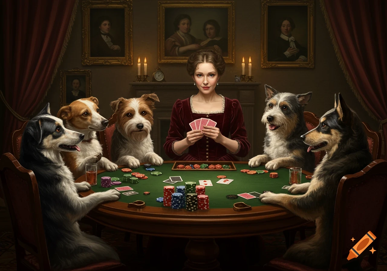 A woman and five dogs gathered around a green poker table, playing cards in a classical painting style.
