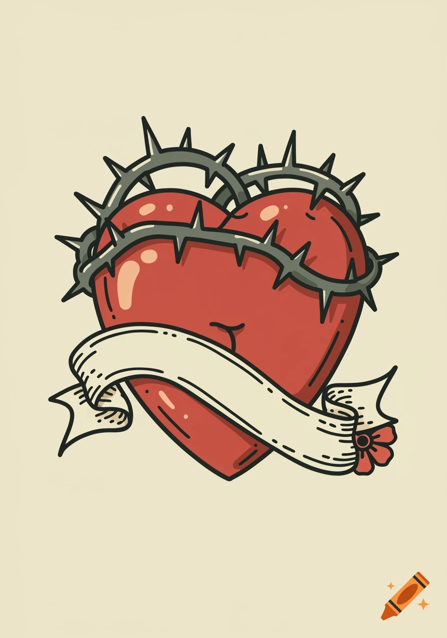 Traditional tattoo art of a red heart encircled by a crown of thorns, with a blank scroll banner. Off-white background.