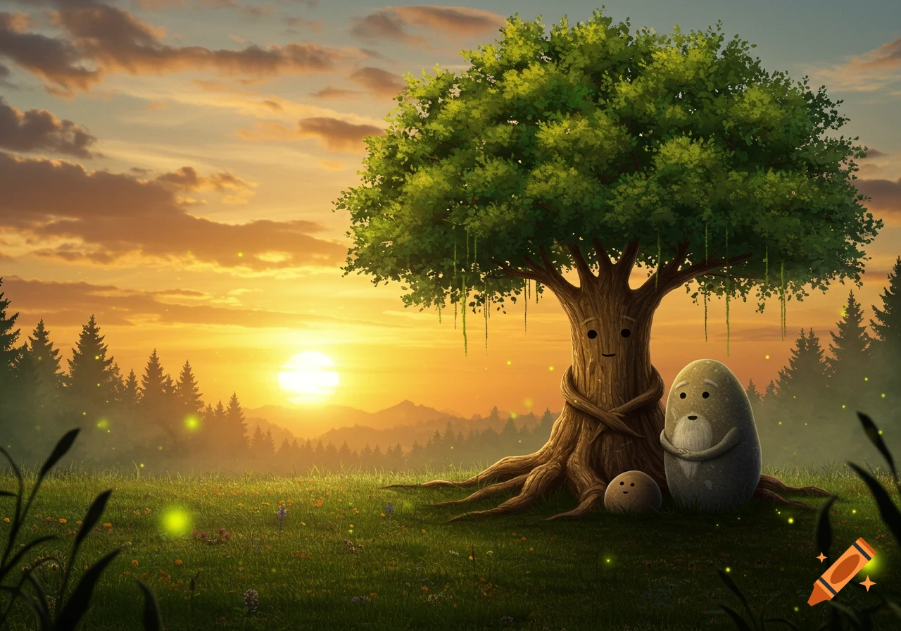 A smiling tree with green leaves hugs a large, round rock and a smaller rock in a grassy field at sunset, with fireflies glowing.