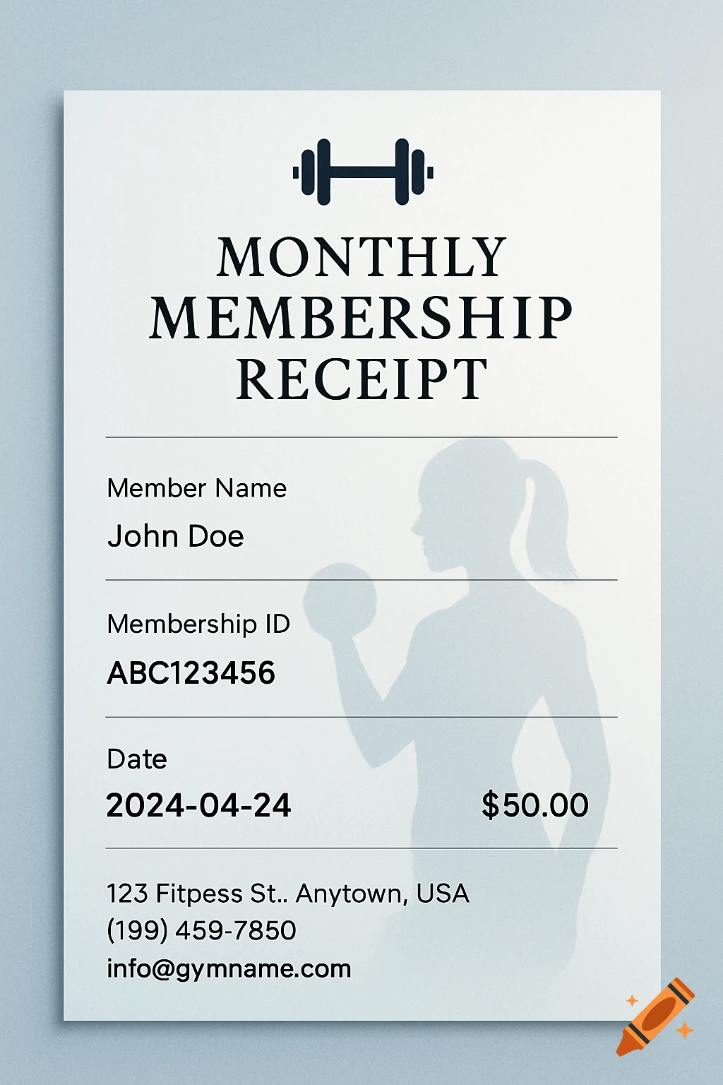 A monthly gym membership receipt with a dumbbell icon, member details, date, cost, and contact information. A subtle silhouette of a person exercising is in the background.