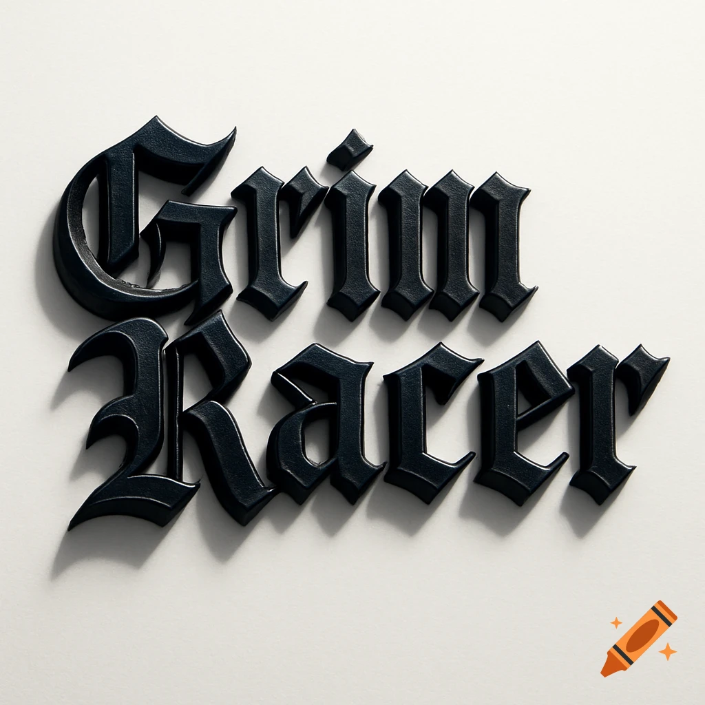 3D black gothic text spelling Grim Racer on a white background.