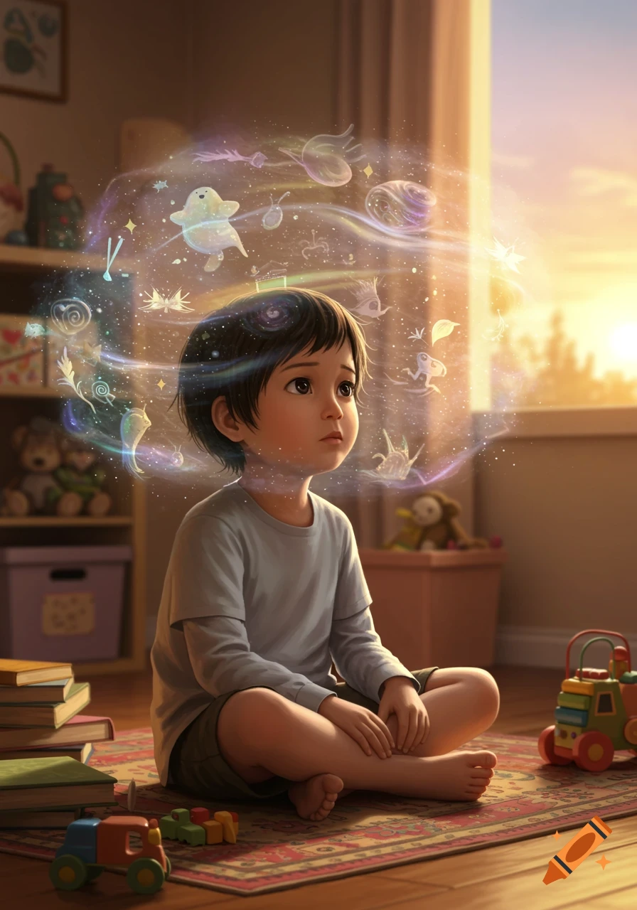 A digitally illustrated child sits on a rug in a sunlit room, gazing upwards with colorful imagination swirling around their head.