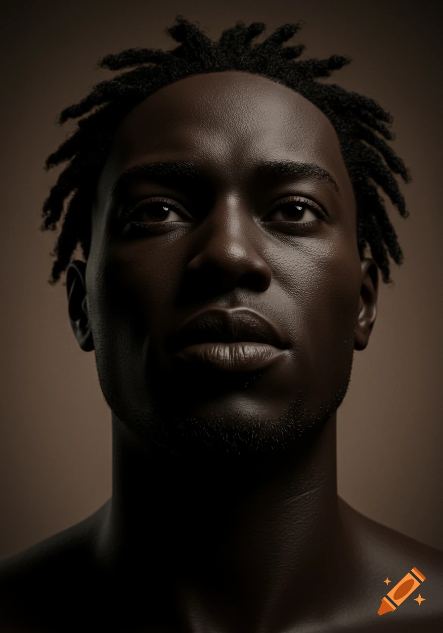 Close-up hyperrealistic portrait of a Black man with dreadlocks looking directly forward under dramatic lighting.