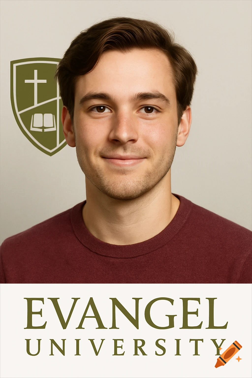 A smiling young man in a maroon sweater, with a shield logo in the background and "EVANGEL UNIVERSITY" text below.