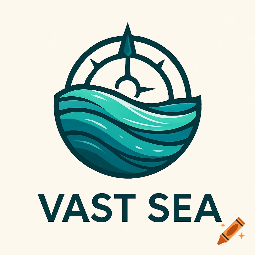 Logo featuring a stylized compass rose above blue waves, with the text VAST SEA below.