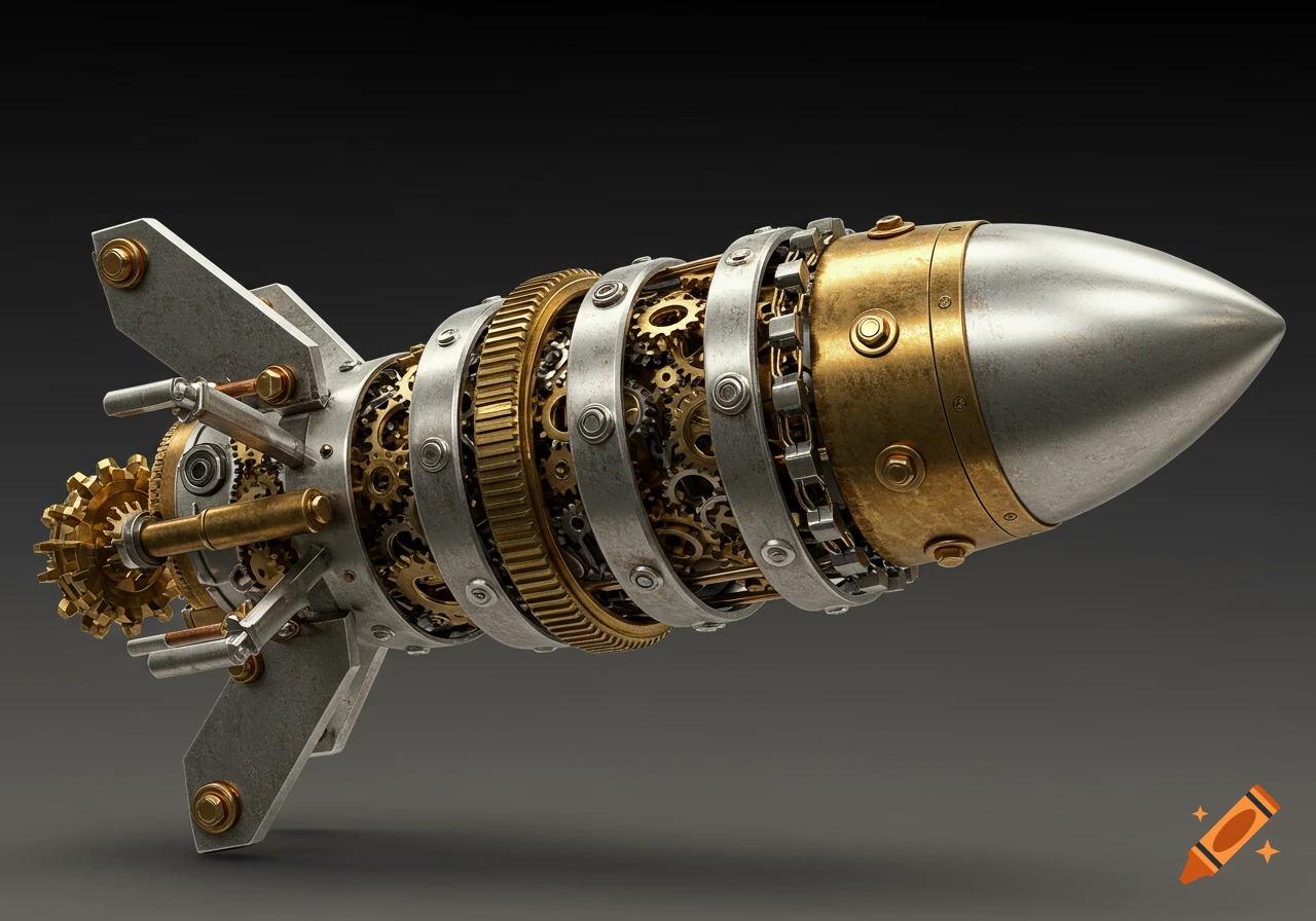 A detailed steampunk-style rocket or missile, composed of intricate silver and brass gears and metallic components, on a dark background.