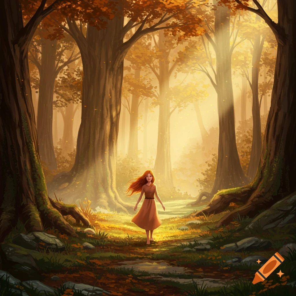 An illustrated girl with long red hair walks on a path in a sunlit autumn forest.