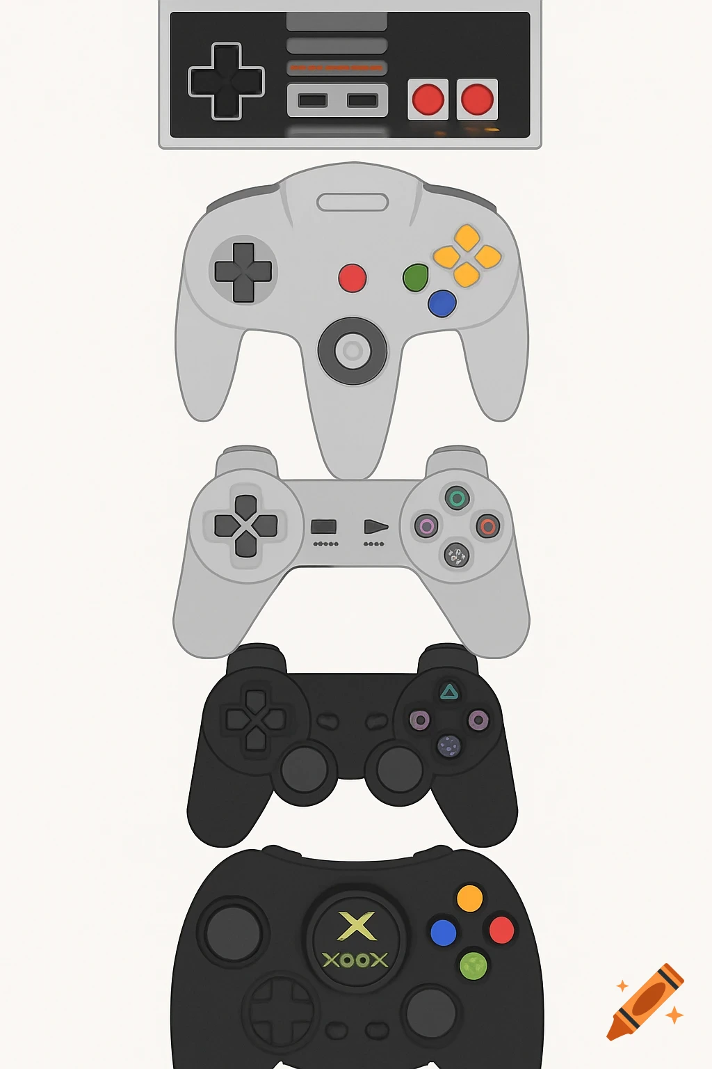 A flat illustration of a vertical stack of retro video game controllers including NES, N64, PlayStation, and Xbox controllers.