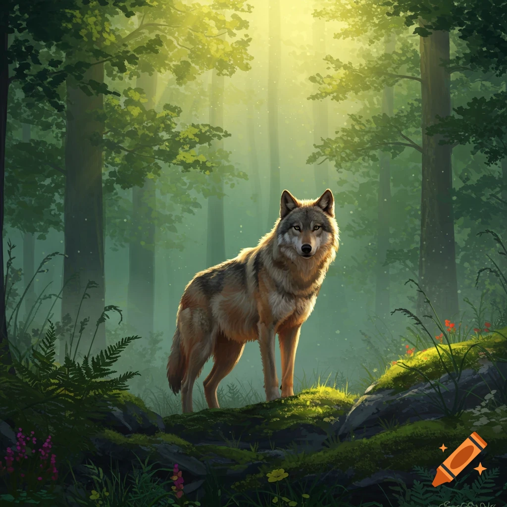 A majestic wolf stands on a mossy forest floor, bathed in sunbeams filtering through the trees. Digital illustration.