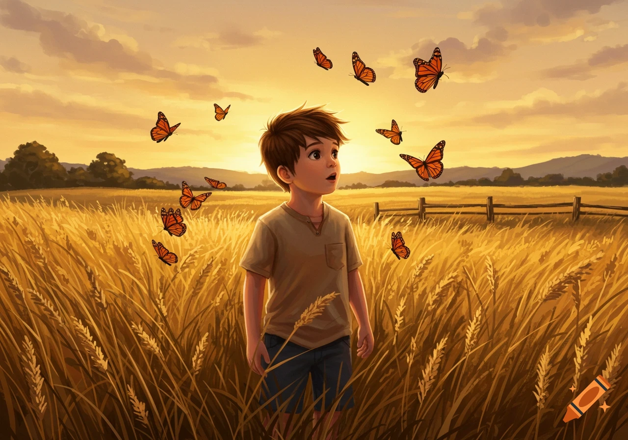 An illustrated boy in a golden field looks up at many orange butterflies flying around him during sunset.