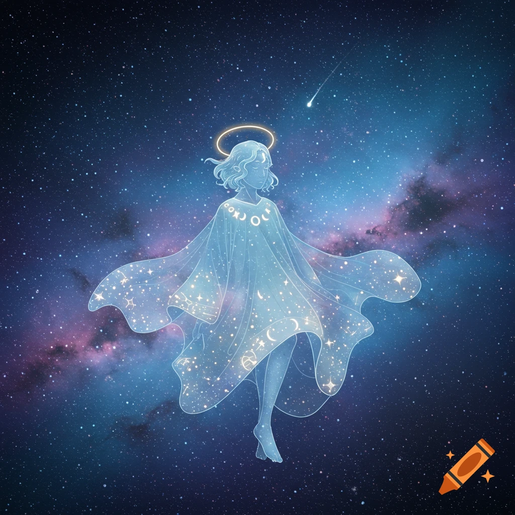 A glowing, translucent celestial being with a halo and star-filled drapery floats in a vibrant cosmic galaxy.