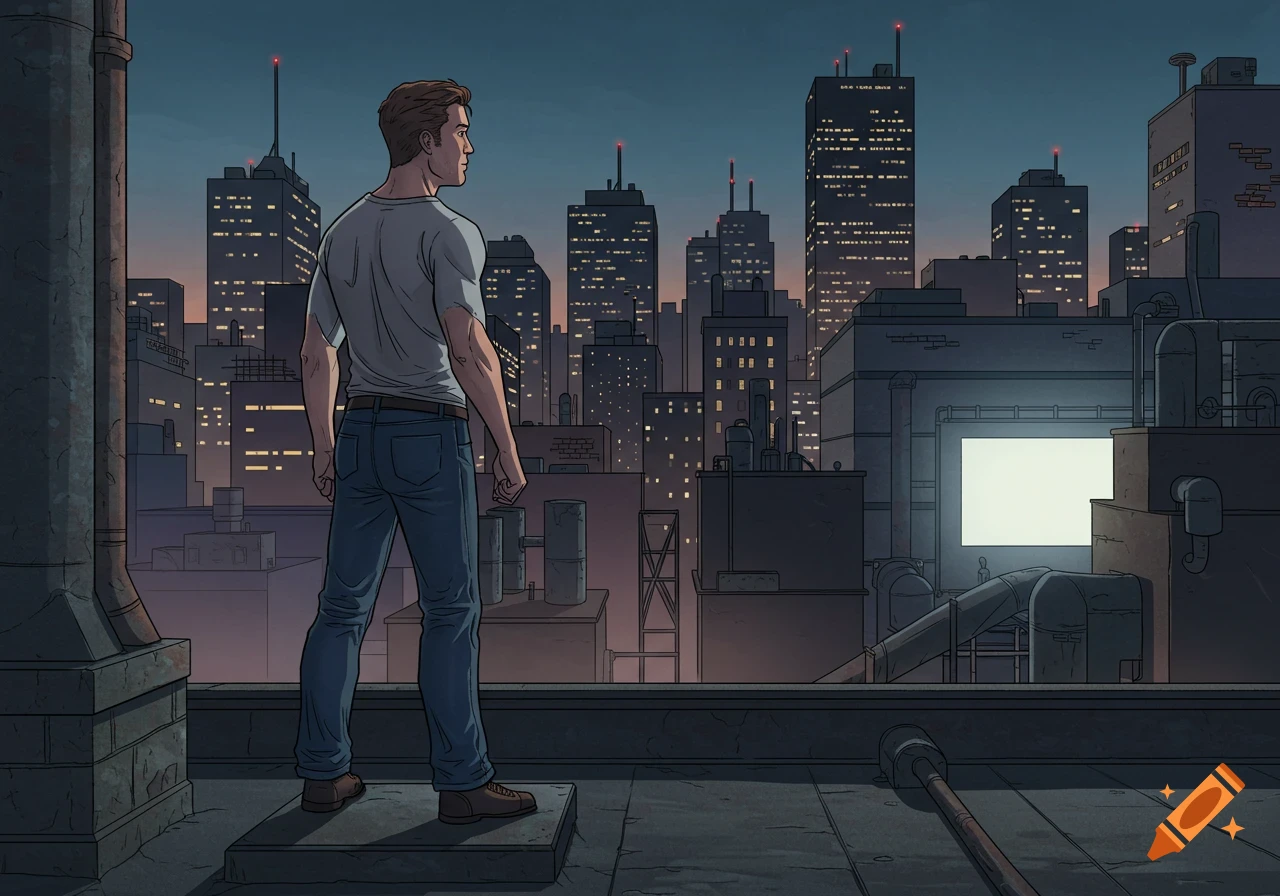 A man in a t-shirt and jeans stands on a rooftop, looking out at a sprawling city skyline at dusk, in a comic book art style.
