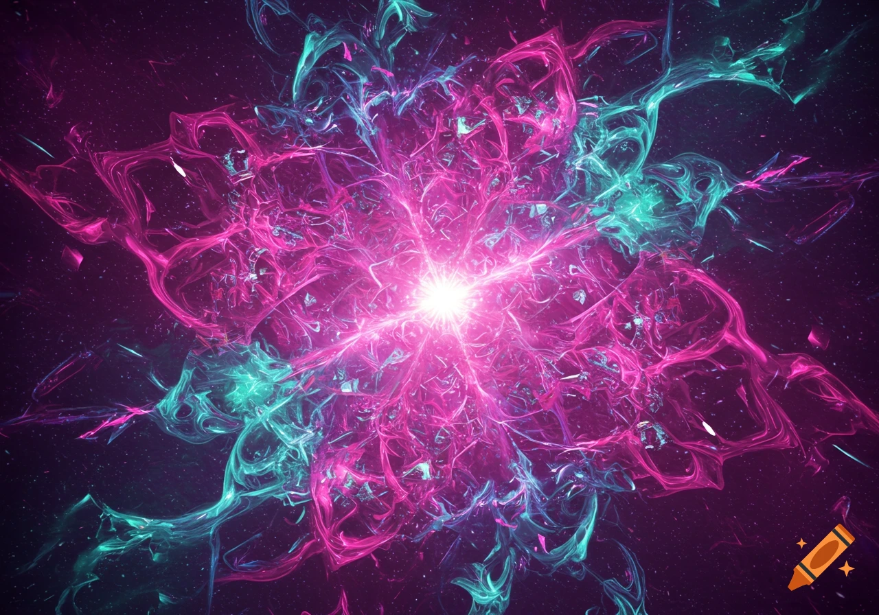 A bright burst of pink, purple, and teal swirling light against a dark, star-filled background.