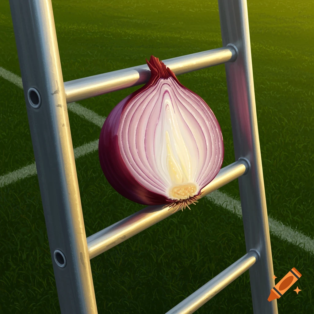 A cross-section of a red onion rests on a metal ladder rung, set against a green sports field with white lines. Digital art.