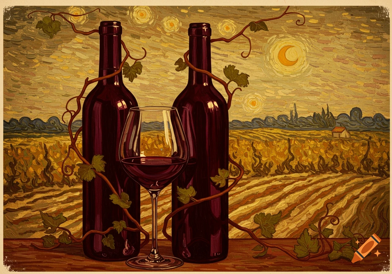 Two wine bottles and a glass with red wine in a vineyard, painted in Van Gogh's style with a yellow moon and stars.