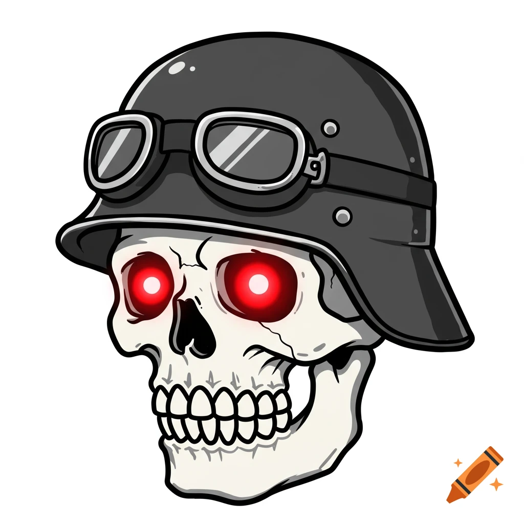 Cartoon skull with glowing red eyes wearing a black German helmet and goggles.