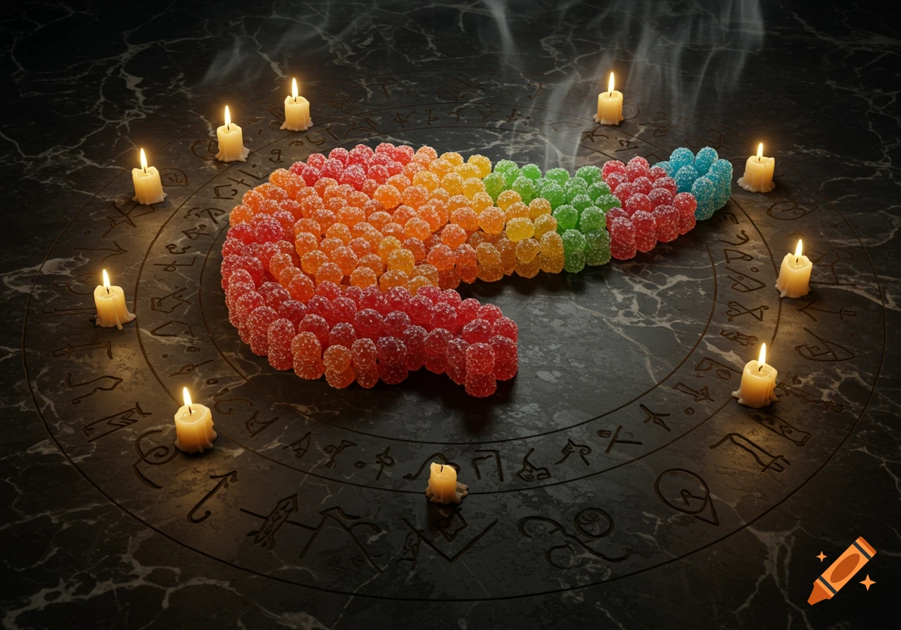 Rainbow jellybean pancreas on a dark marble ritual circle with flickering candles and mystical symbols.