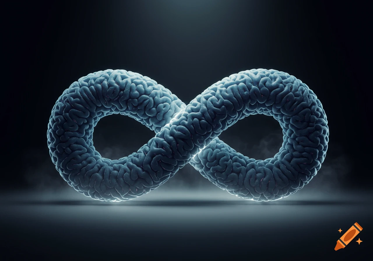 An infinity symbol made of gray brain-like texture, illuminated by a glowing light on a dark, smoky background.