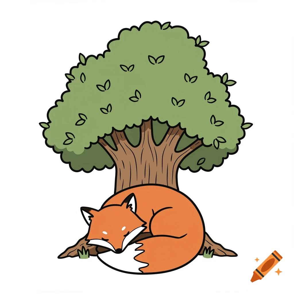 A cute cartoon fox with orange and white fur sleeps curled up at the base of a green-leafed tree on a white background.