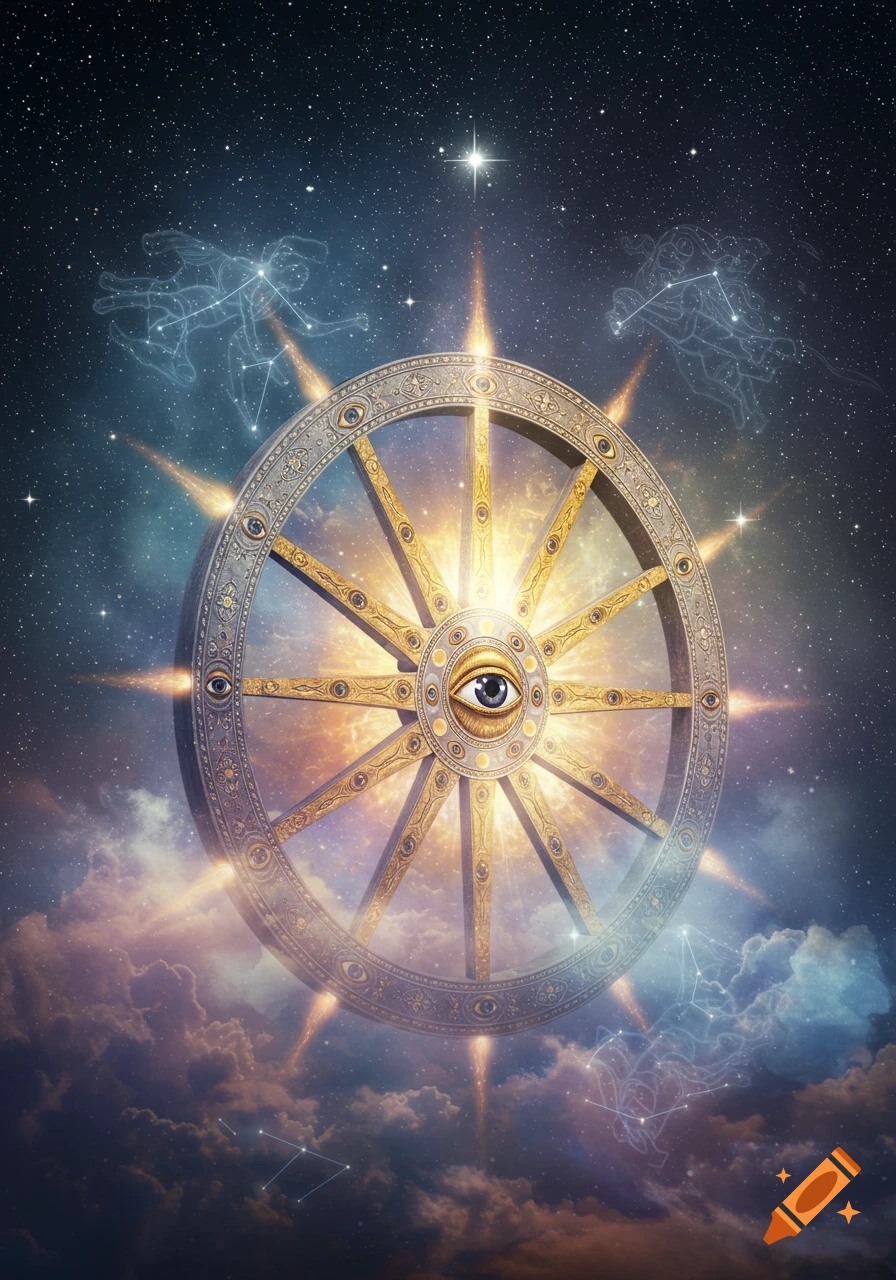 An ornate golden and silver wheel with a central eye and light rays against a cosmic starry sky with clouds and constellations.