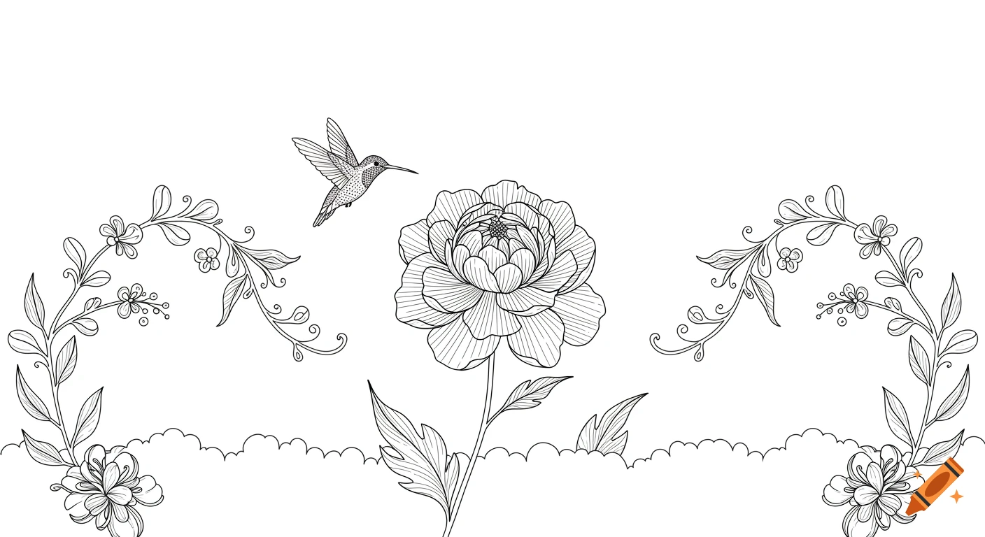 Black outline drawing of a large central flower with a hummingbird, flanked by two floral vine arrangements.