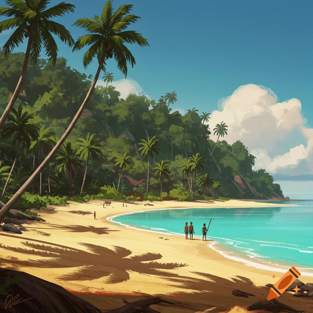 A tropical beach with palm trees, green hills, clear blue water, and small figures on the sandy shore under a bright sky.