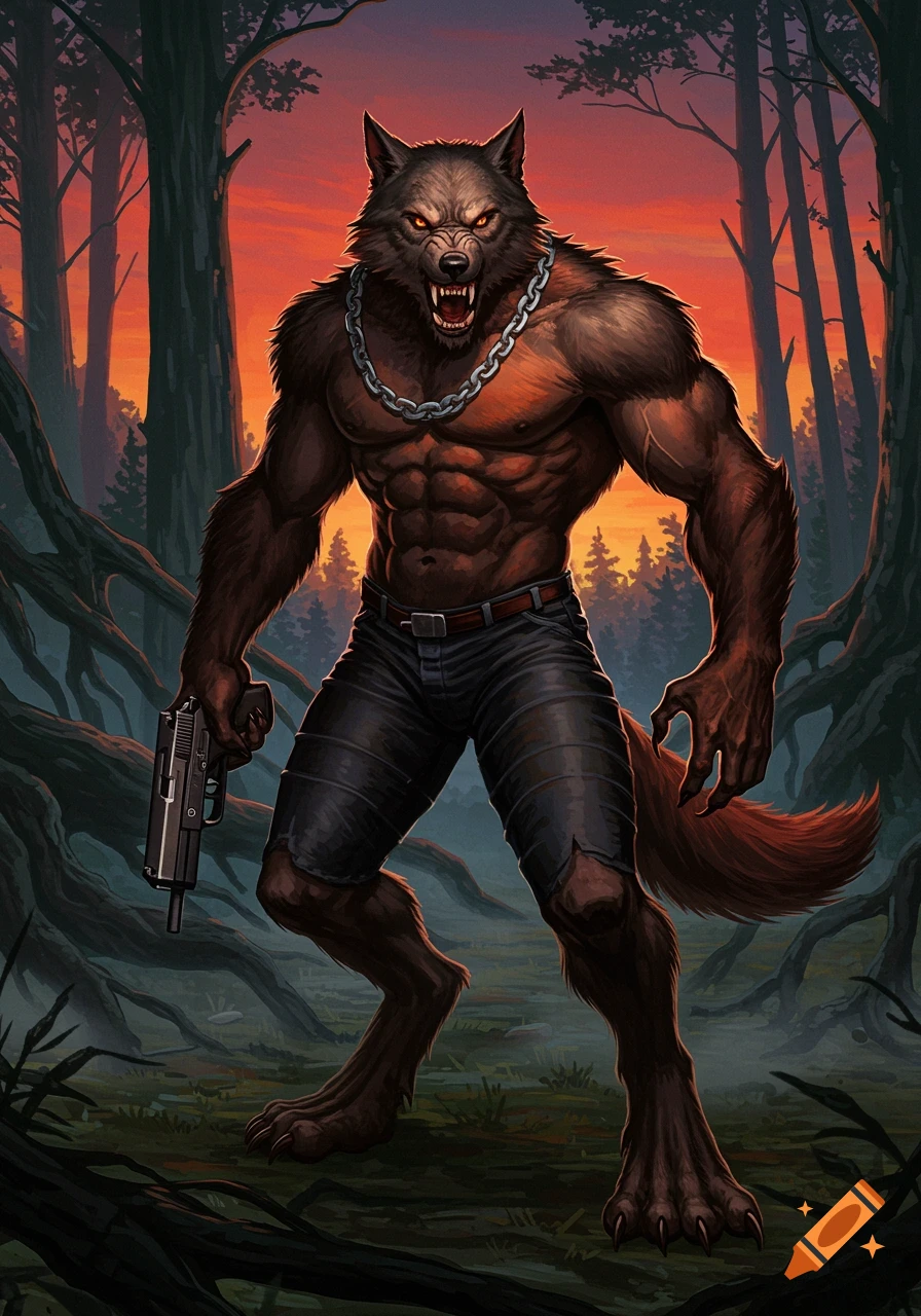 Muscular werewolf holding a pistol in a dark forest at sunset, detailed illustration.