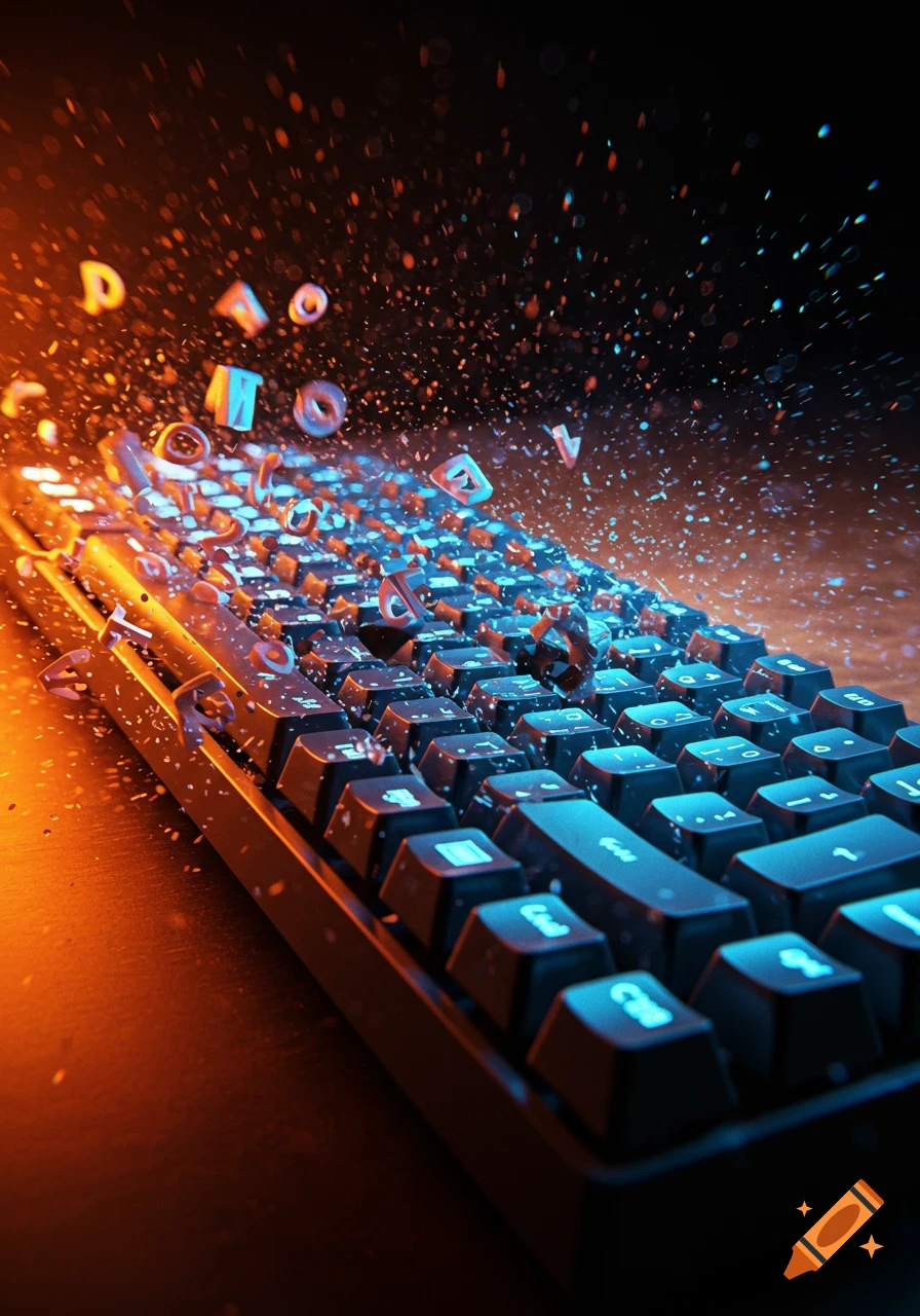 A computer keyboard with glowing blue keys, emitting orange and blue light and exploding letters and particles.