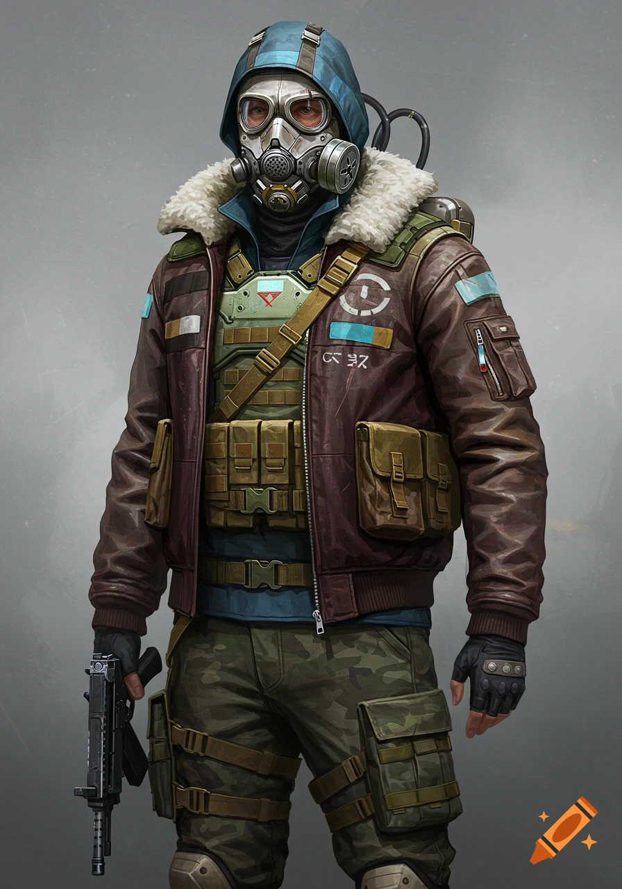 A character in a blue hooded jacket, gas mask, leather bomber jacket, and tactical gear, holding a submachine gun.