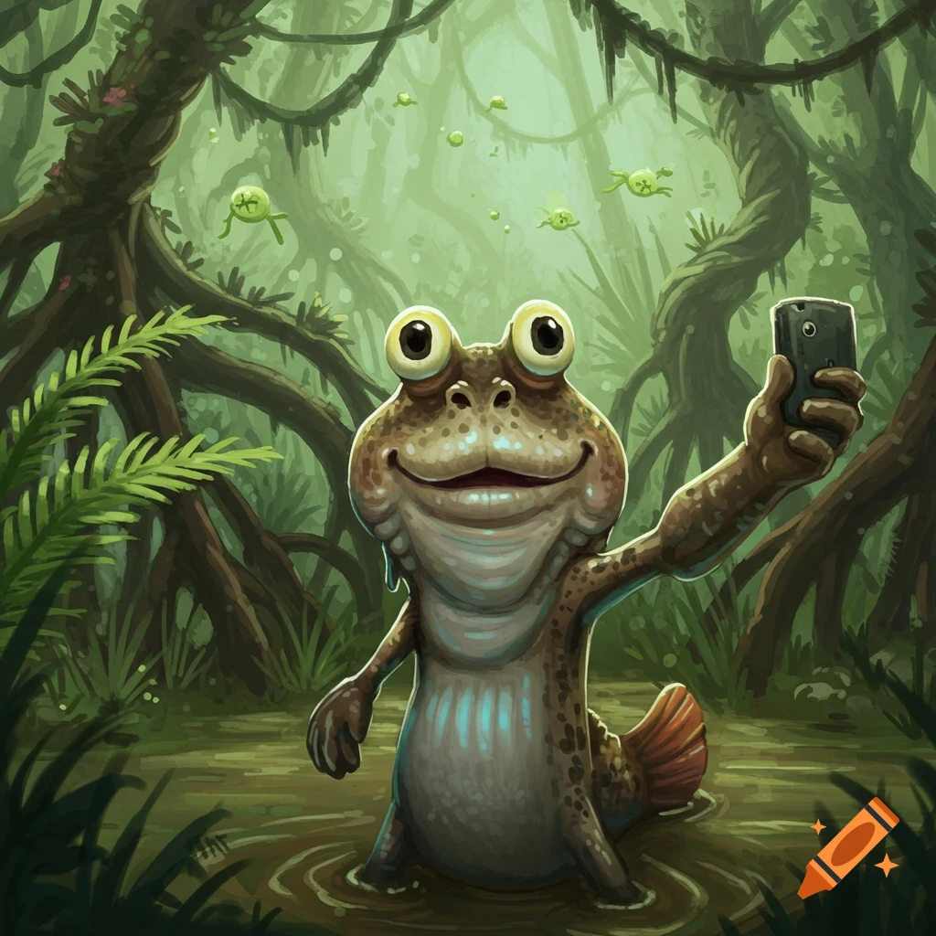 A happy, cartoon mudskipper-like creature smiles while taking a selfie with a phone in a swampy jungle.