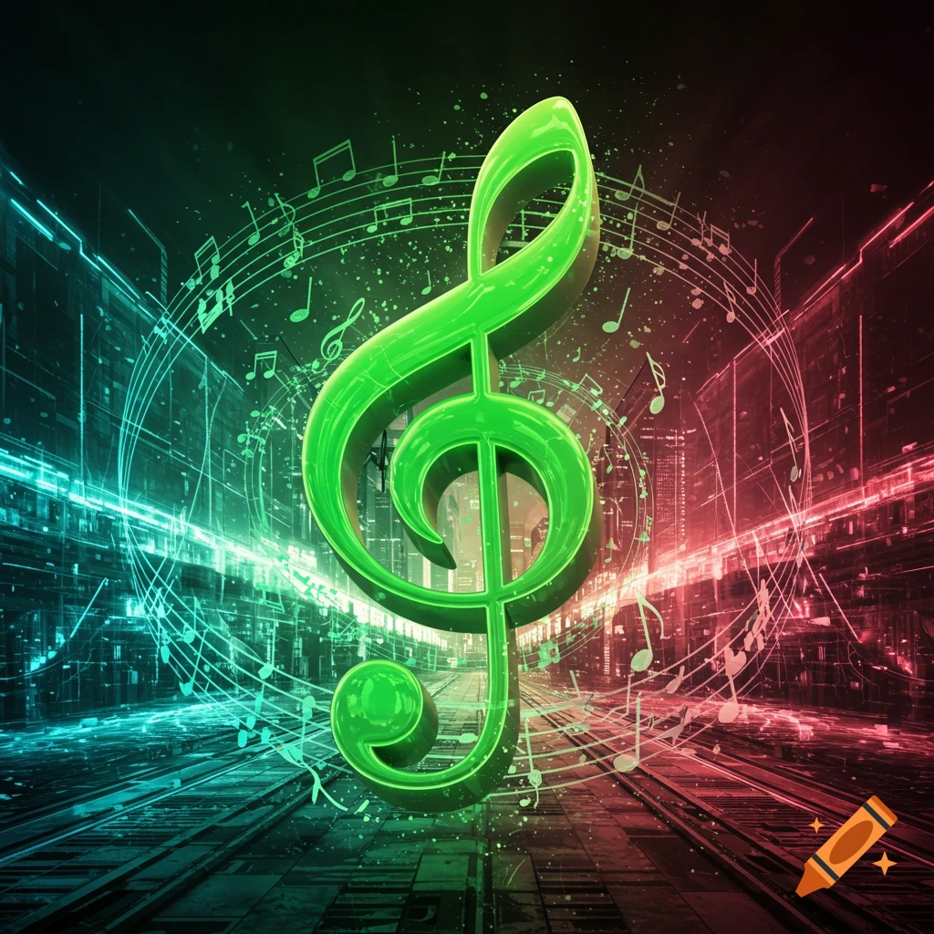A vibrant green 3D treble clef stands against a backdrop of glowing neon red and cyan abstract musical notes and futuristic city lines.