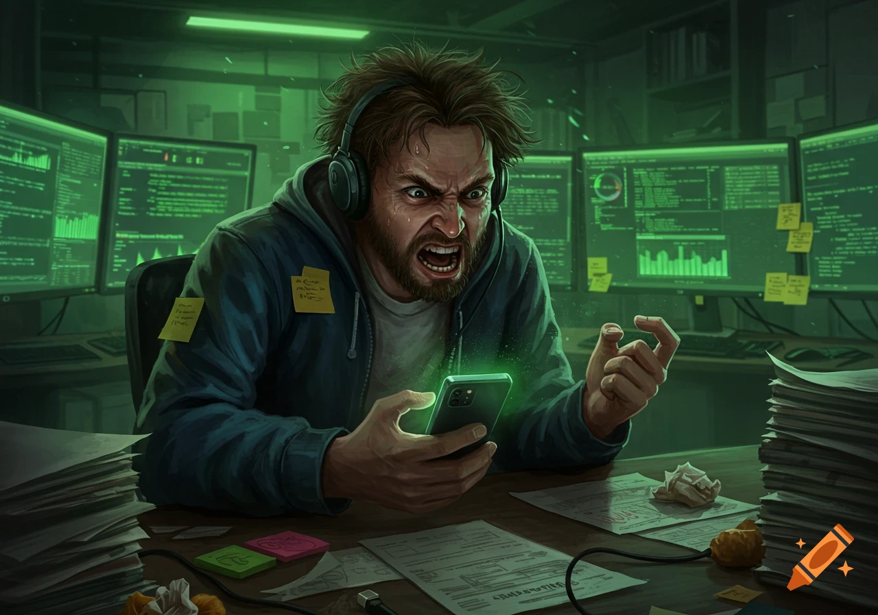 An angry man with messy hair and headphones screams at a glowing smartphone at a desk cluttered with papers, surrounded by multiple computer monitors displaying green code.
