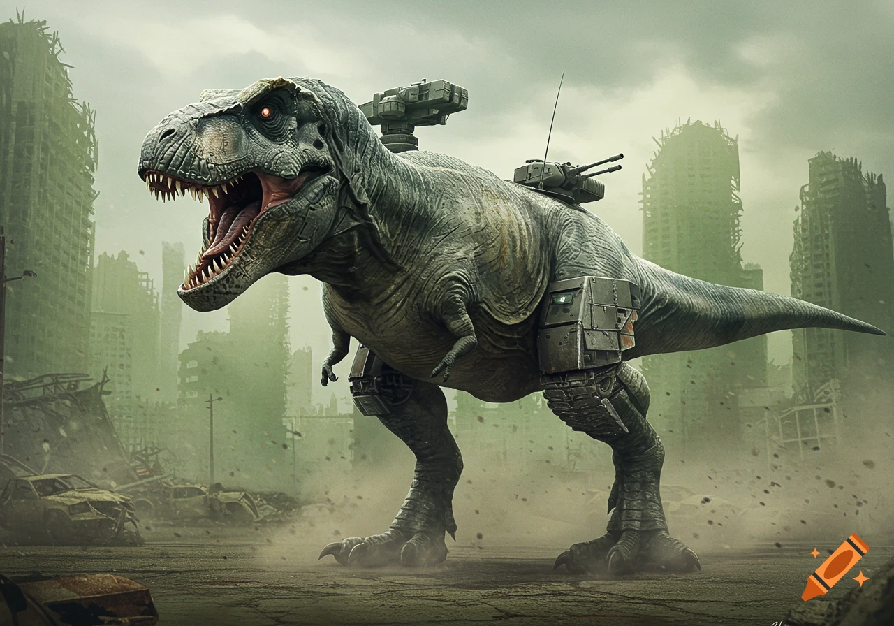 A photorealistic Tyrannosaurus Rex with tank armor and weapons stands in a ruined city under a cloudy, green sky.
